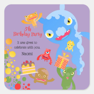 Little Party Monster and confetti Birthday Party Square Sticker
