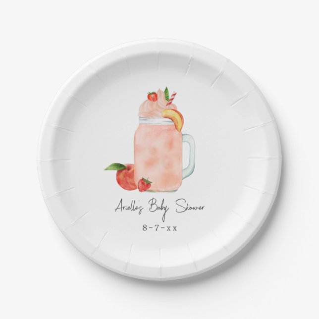 Little Peach Fruit Smoothie Girl Baby Shower Paper Plate (Front)