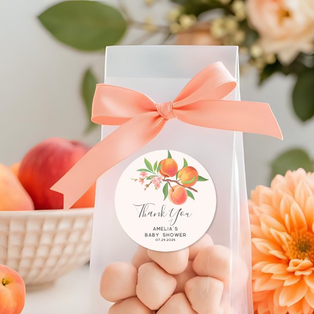 Little Peach Is On The Way Baby Shower thankyou Classic Round Sticker (Creator Uploaded)