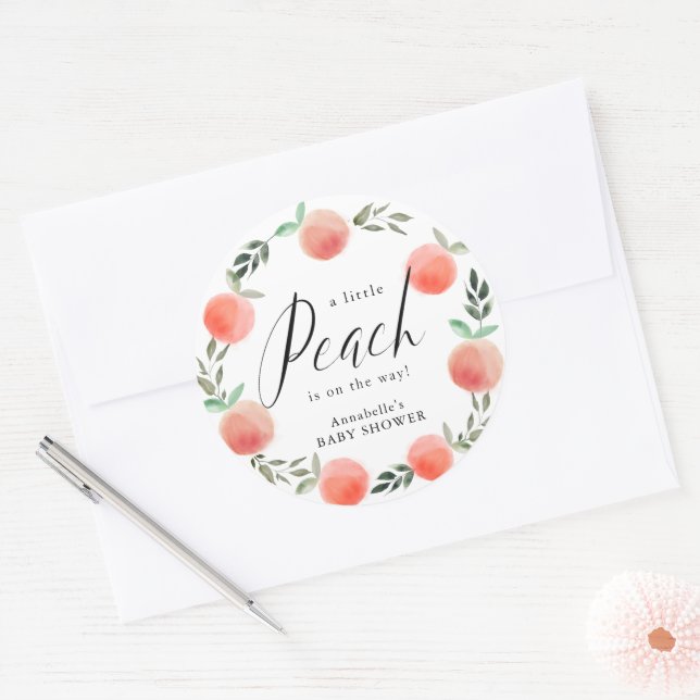 Little Peach Watercolor Wreath Baby Shower Classic Round Sticker (Envelope)
