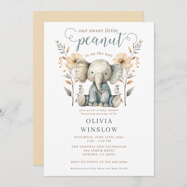 Little Peanut Baby Elephant Peach Blue Baby Shower Invitation (Front/Back)