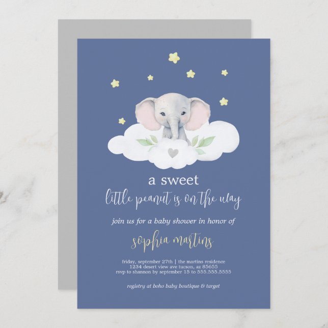 Little Peanut Baby Shower Invitation Blue Elephant (Front/Back)