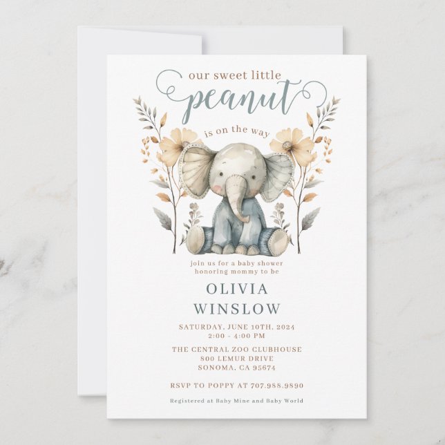 Little Peanut Blue Baby Elephant Baby Shower Invitation (Front)