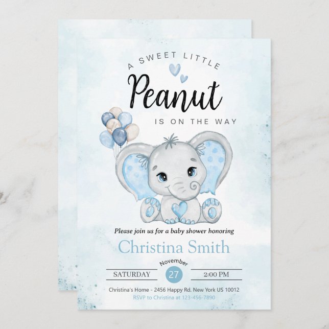 Little Peanut Blue Elephant Baby Boy Shower Invitation (Front/Back)