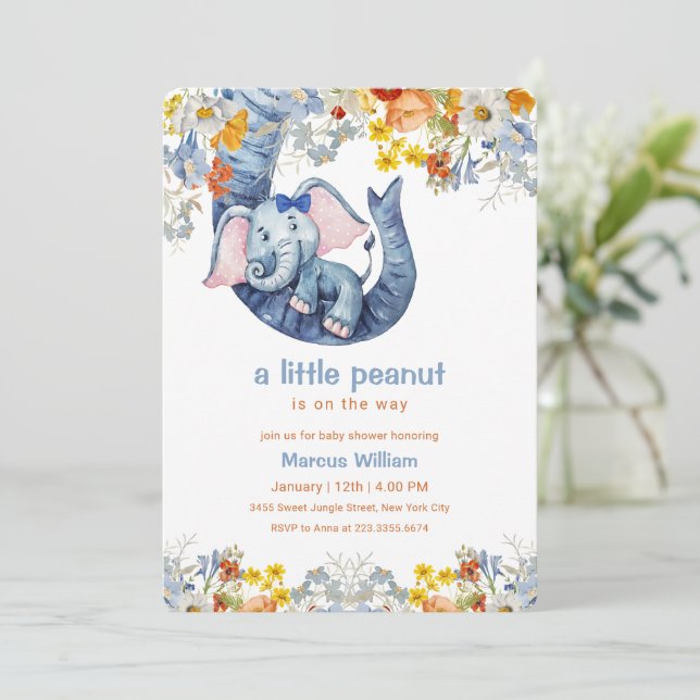 Little Peanut Blue Elephant Floral Baby Shower Invitation (Standing Front)