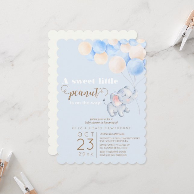 Little Peanut Elephant Baby Boy Shower Invitation (Front/Back In Situ)