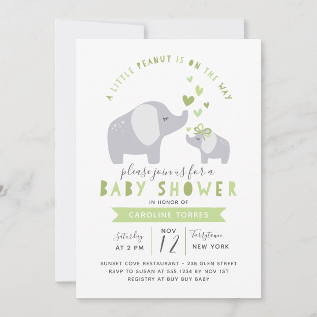 Little Peanut Elephant | Baby Shower | Green Invitation (Front)