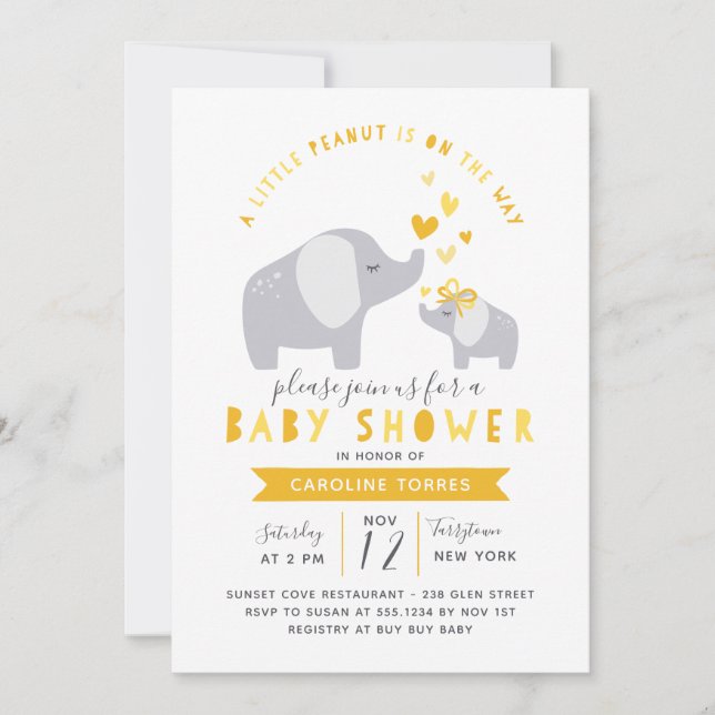 Little Peanut Elephant | Baby Shower | Yellow Invitation (Front)