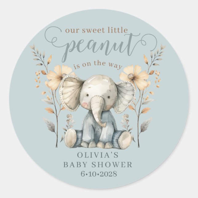 Little Peanut Elephant Blue Baby Shower Classic Round Sticker (Front)