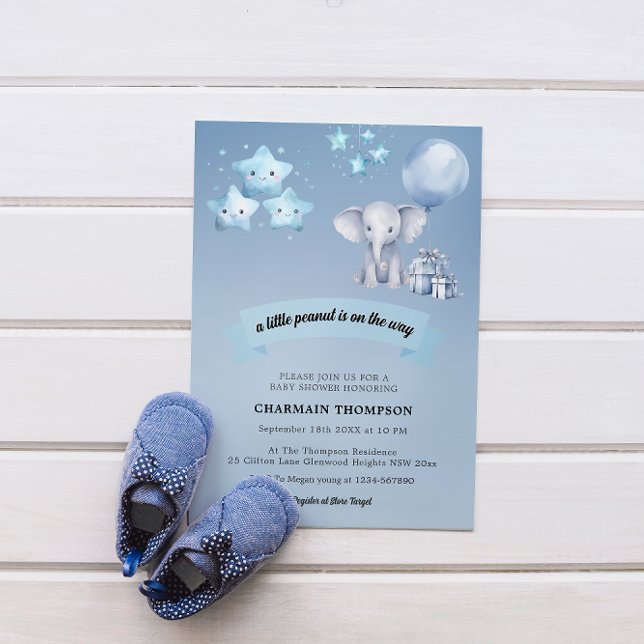 Little Peanut Elephant Blue Balloon Baby Shower Invitation (Creator Uploaded)