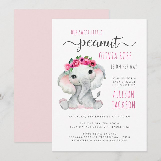 Little Peanut Elephant Watercolor Baby Girl Shower Invitation (Front/Back)