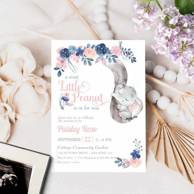 Little Peanut Floral Baby Elephant Shower Invitation (Little Peanut Floral Baby Elephant Shower Invitation )