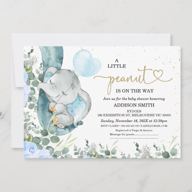 Little Peanut Floral Foliage Elephant Baby Shower  Invitation (Front)