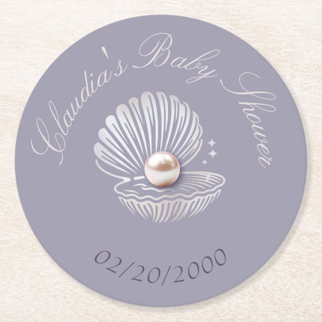 Little Pearl Baby Shower Round Paper Coaster (Front)