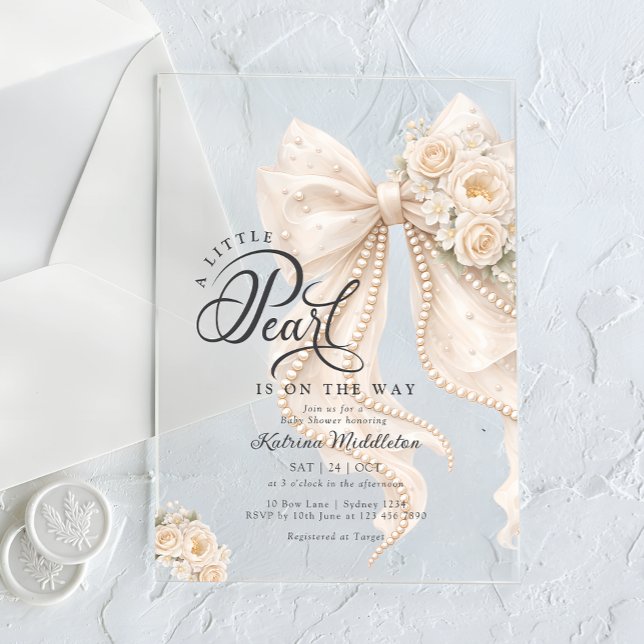 Little Pearl Bow Floral Baby Shower Acrylic Invitations (Creator Uploaded)