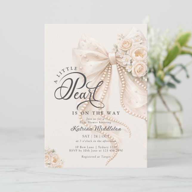 Little Pearl Bow Floral Baby Shower Invitation (Standing Front)