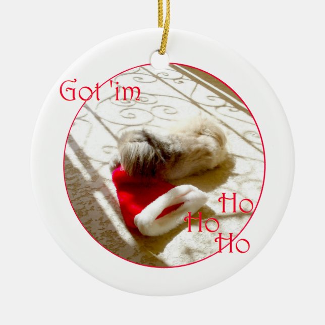 Little Pekingese Grabs Santa Ceramic Tree Decoration (Front)