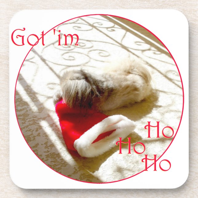 Little Pekingese Grabs Santa Coaster (Front)