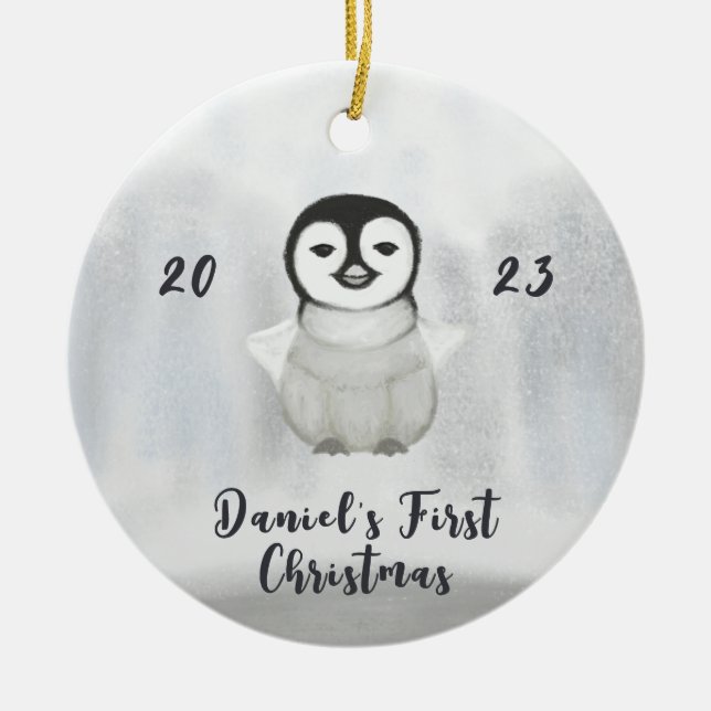  little penguin first christmas photo ceramic tree decoration (Front)