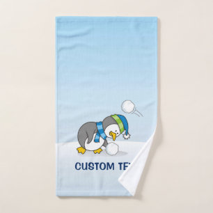 Little penguin getting a snow ball bath towel set