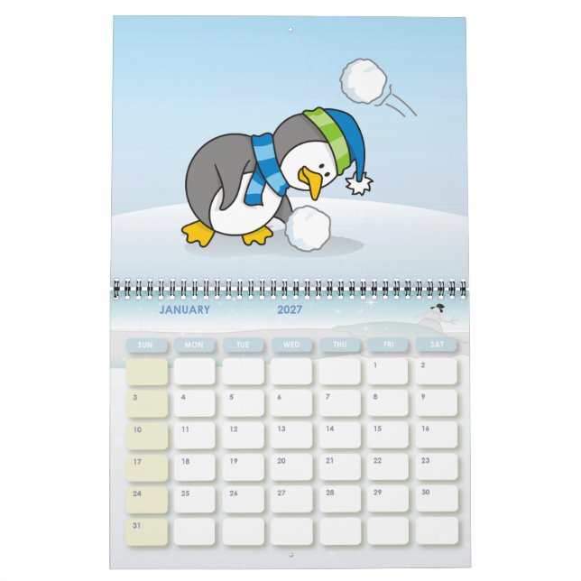 Little penguin getting a snow ball calendar (Jan 2027)