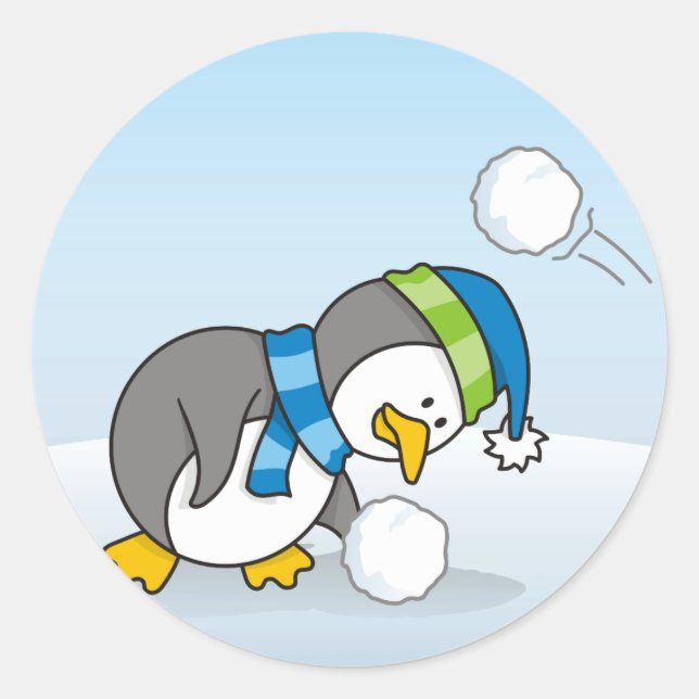 Little penguin getting a snow ball classic round sticker (Front)