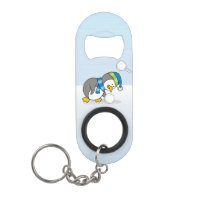 Little penguin getting a snow ball keychain bottle