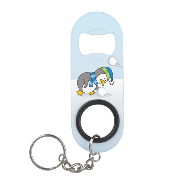 Little penguin getting a snow ball keychain bottle (Front)
