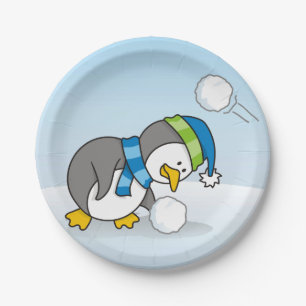 Little penguin getting a snow ball paper plate