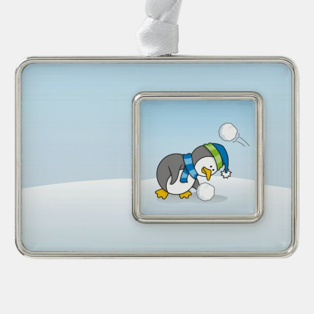 Little penguin getting a snow ball silver plated framed ornament (Front)