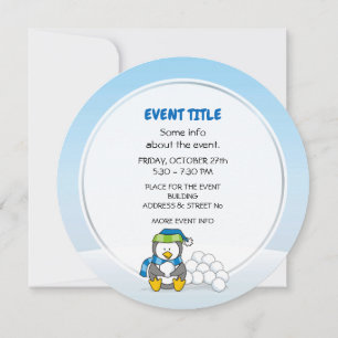 Little penguin sitting with snow balls invitation