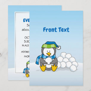 Little penguin sitting with snow balls invitation
