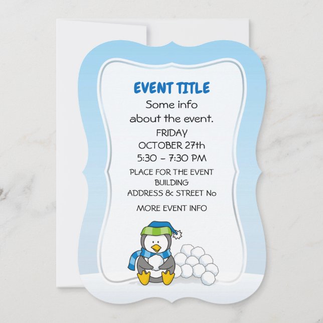 Little penguin sitting with snow balls invitation (Back)