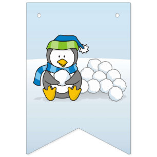 Little penguin sitting with snowballs bunting