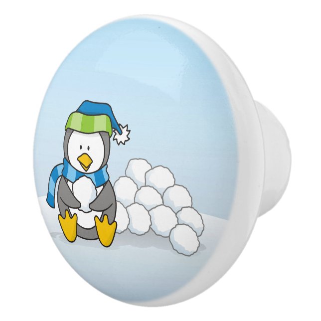 Little penguin sitting with snowballs ceramic knob (Right)