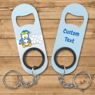 Little penguin sitting with snowballs keychain bot