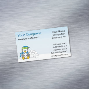 Little penguin sitting with snowballs magnetic bus business card