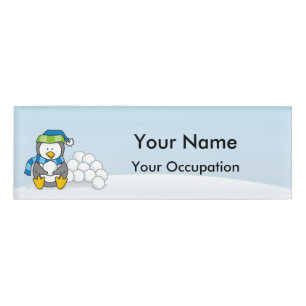 Little penguin sitting with snowballs Name Tag