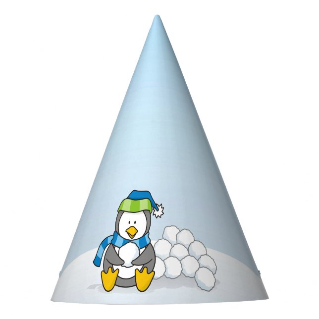 Little penguin sitting with snowballs party hat (Front)
