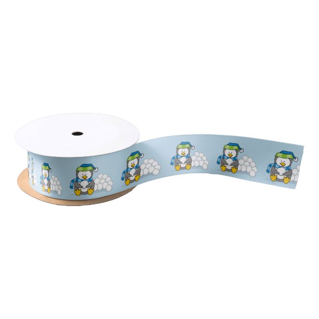 Little penguin sitting with snowballs satin ribbon (Spool)