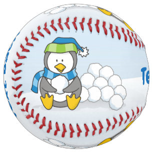 Little penguin sitting with snowballs softball