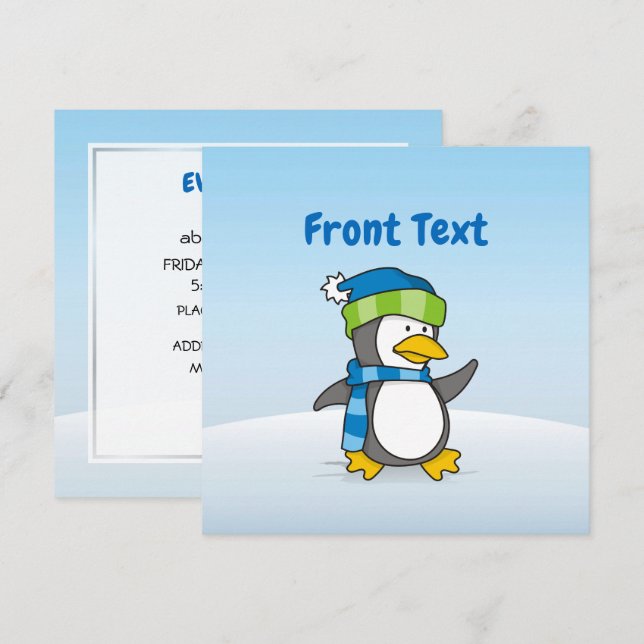 Little penguin walking on snow invitation (Front/Back)