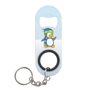 Little penguin walking on snow keychain bottle ope