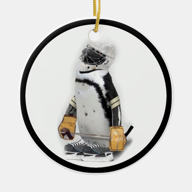 Little  Penguin Wearing Hockey Gear Ceramic Tree Decoration (Front)