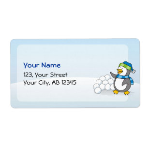 Little penguin with snow balls waving