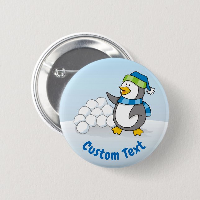 Little penguin with snow balls waving 6 cm round badge (Front & Back)