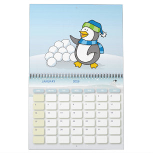 Little penguin with snow balls waving calendar