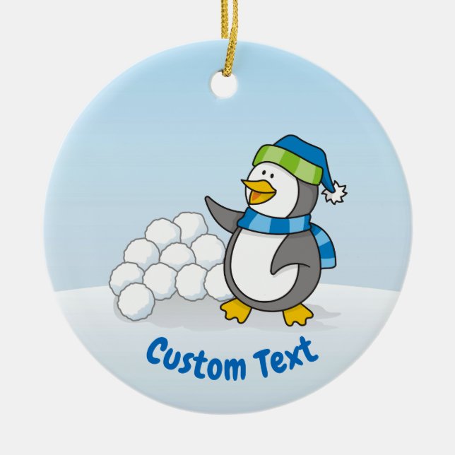 Little Penguin with Snow Balls Waving Ceramic Tree Decoration (Front)