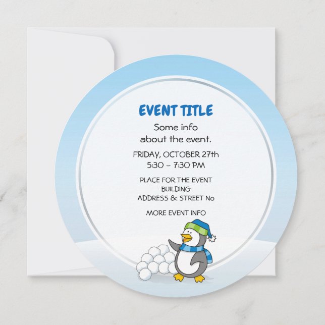 Little penguin with snow balls waving invitation (Back)