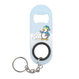 Little penguin with snow balls waving keychain bot